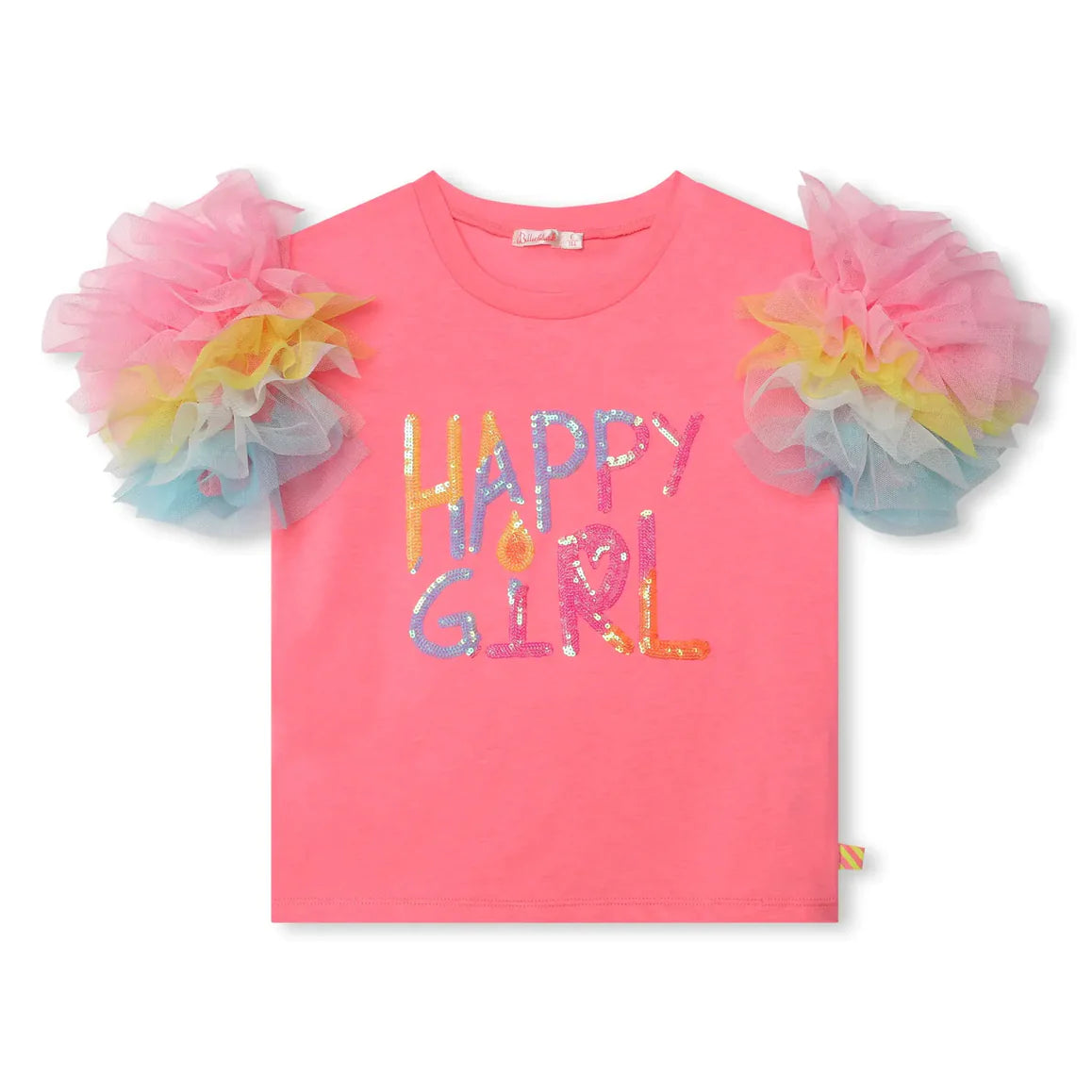 Billieblush Girls Pink Rainbow Tulle Sleeve T-Shirt